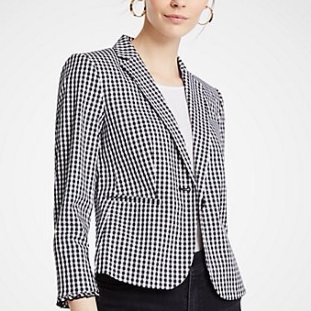 Ann Taylor Black and White Gingham Ruffle Trim Blazer - Size 8
